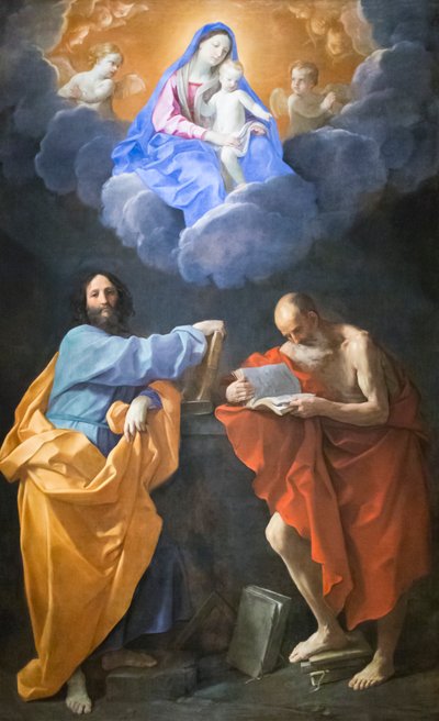 Neitsyt kunniassa pyhien Tuomaan ja Hieromuksen kanssa (öljy kankaalle) tekijältä Guido Reni