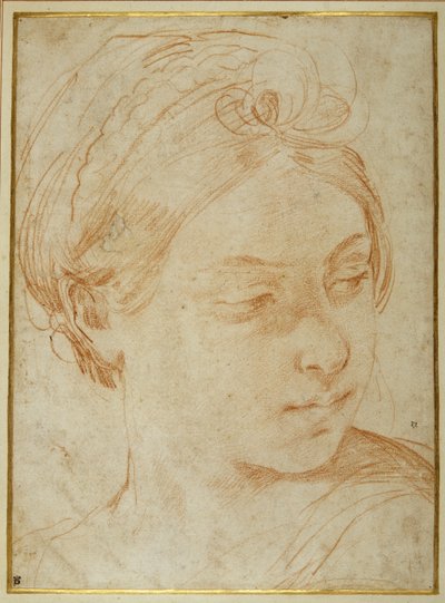 Nuoren naisen pää, käännettynä katsomaan vasemman olkapäänsä yli (punainen liitu valkoisella paperilla) tekijältä Guido Reni