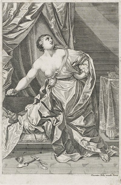 Lucretian kuolema, n. 1700-50 mahdollisesti Antonio Billy (aktiivinen 1700-luvun ensimmäinen puolisko) (etsaus paperille) tekijältä Guido after Reni