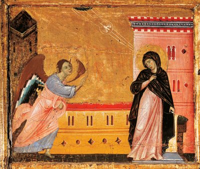 Ilmoitus, yksityiskohta Pyhän Pietarin Antependiumista, Guido da Sienan (noin 1250-1300), tempera ja kulta puulla tekijältä Guido da Siena