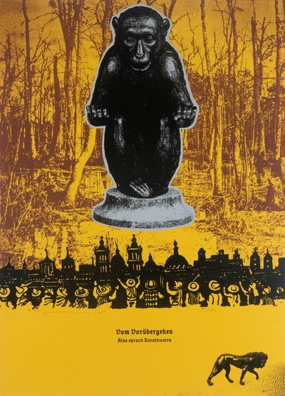 Ohikulkumatkalla, Näin puhui Zarathustra, 2025 (puupiirros ja silkkipaino) tekijältä Guilherme Pontes