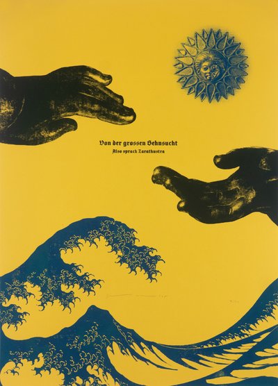 Suuresta kaipuusta, Näin puhui Zarathustra, 2025 (puupiirros ja silkkipaino) tekijältä Guilherme Pontes