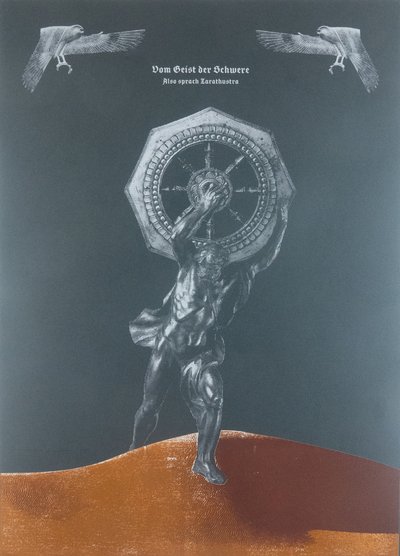 Painovoiman hengestä, Näin puhui Zarathustra, 2025 (puupiirros ja silkkipaino) tekijältä Guilherme Pontes