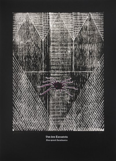Tarantulasta, Näin puhui Zarathustra, 2024 (puupiirros ja silkkipaino) tekijältä Guilherme Pontes