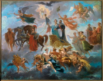 Napoleon III:n apoteoosi (1808-1873) Allegorinen esitys keisarin kruunun voitosta, vaunuissa, mytologisten hahmojen Athena, Hercules, Hermes joukossa. Alphonse Cabassonin (1814-1884) maalaus 1854 su. 0,65 x 0,81 m Compiegne tekijältä Guillaume Alphonse Harang Cabasson