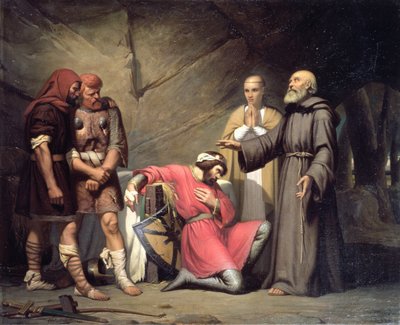 Normandian herttuan Robertin, joka tunnetaan nimellä Robert Paholainen, kääntymys, kohtaus Giacomo Meyerbeerin (1791-1864) oopperasta "Robert Paholainen", 1840. tekijältä Guillaume Alphonse Harang Cabasson