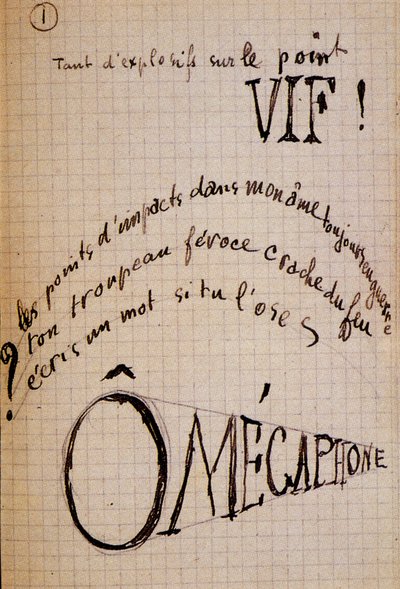 Kalligrammi Guillaume Apollinaire - tekstillä "" Puuvilla korvissa ", 17 lehden nimikirjoitus tekijältä Guillaume Apollinaire
