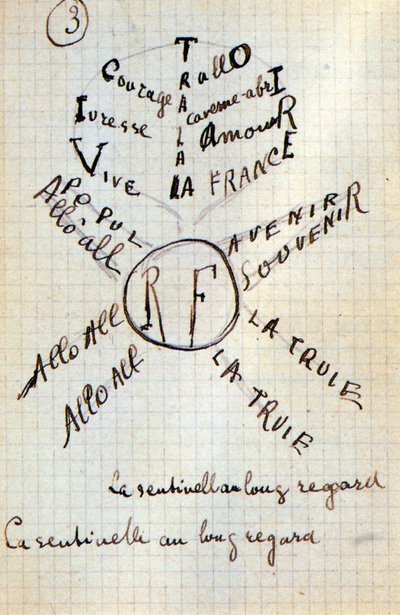 Guillaume Apollinairen kalligrammi - tekstillä "" Puuvilla korvissa"", 17 lehden nimikirjoitus tekijältä Guillaume Apollinaire