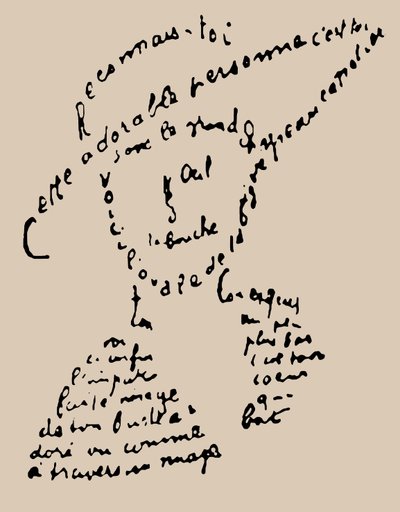 Calligram "Reconnais-toi" -runo Louise de Coligny-Chatillonille, 9. helmikuuta 1915. tekijältä Guillaume Apollinaire