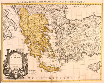 Albania, suuri osa Kreikkaa (lukuun ottamatta koillista), suuri osa Makedonian tasavaltaa (lukuun ottamatta pohjoista). tekijältä Guillaume Delisle