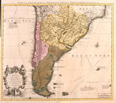 Chile (lukuun ottamatta pohjoisosaa), Argentiina, Paraguay, Uruguay, Brasilian etelä-länsiosat, Falklandinsaaret. tekijältä Guillaume Delisle
