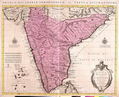 Coromandelin ja Malabarin kartta (Intia) (etsaus tekijältä Guillaume Delisle
