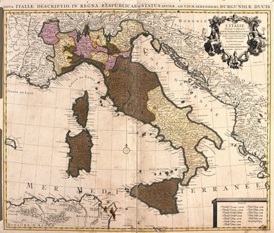 Italian kartta, jossa Korsika, Sardinia ja Sisilia (etsaus tekijältä Guillaume Delisle