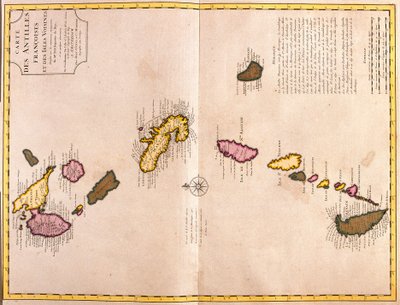 Karibian saarten kartat (Guadeloupe, Marie Galante, Dominica, Martinique, Saint Lucia, Saint Vincent, Barbados, Grenadiinit ja Grenada) (etsaus tekijältä Guillaume Delisle