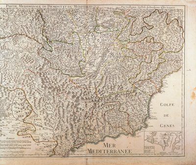 Etelä-Piemonten alue, Monferrato ja Länsi-Ligurian alue. Kartta Guillaume de l