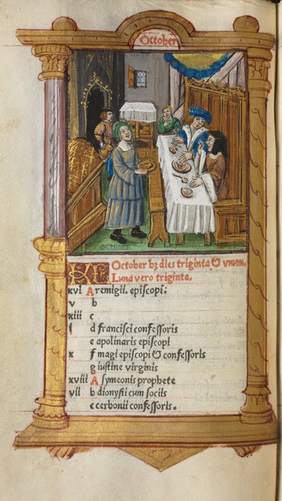 Painettu tuntikirja (Rooman käyttö): fol. 11v, lokakuun kalenterisivu. tekijältä Guillaume Le Rouge