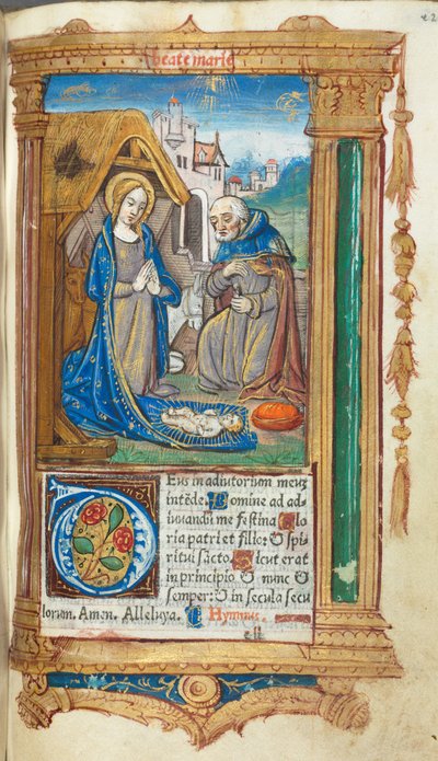 Painettu tuntikirja (Rooman käyttö): fol. 34r, syntymäjumalanpalvelus. tekijältä Guillaume Le Rouge