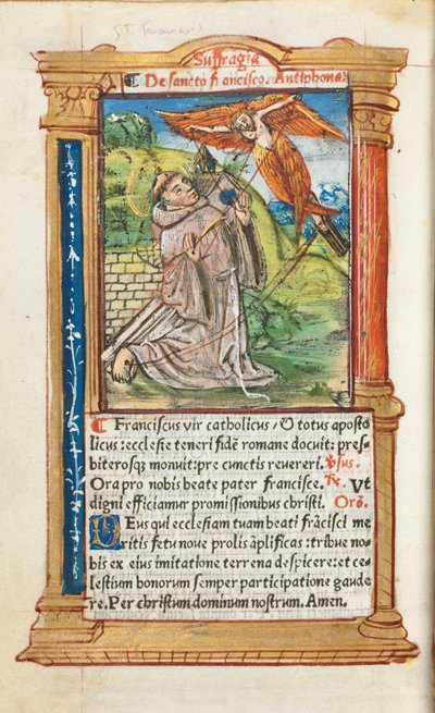 Painettu tuntikirja Rooman käyttö: fol. 106v, Pyhä Franciscus Assisilainen, 1510. tekijältä Guillaume Le Rouge