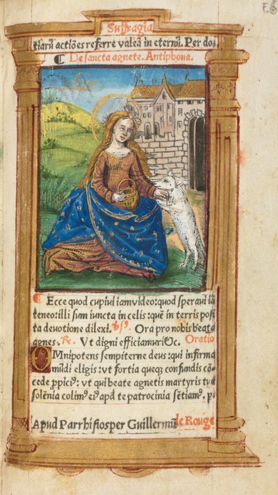 Painettu tuntikirja Rooman käyttö: fol. 112r, St. Agnes, 1510. tekijältä Guillaume Le Rouge