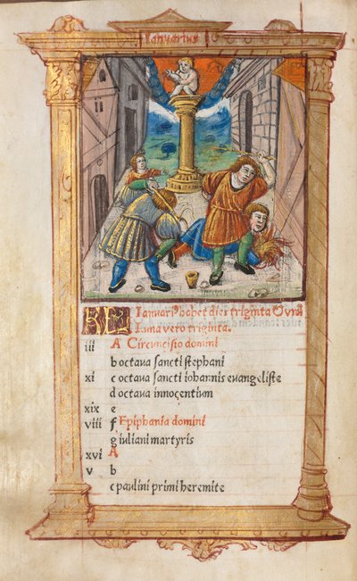 Painettu tuntikirja Rooman käyttö: fol. 2v, tammikuun kalenterikuva, 1510. tekijältä Guillaume Le Rouge