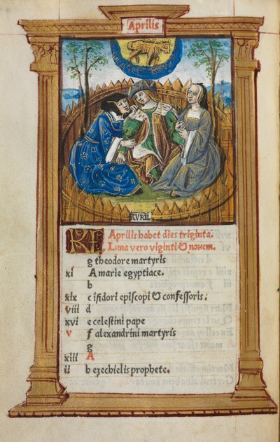 Painettu tuntikirja Rooman käyttö: fol. 5v, huhtikuun kalenterikuva, 1510. tekijältä Guillaume Le Rouge