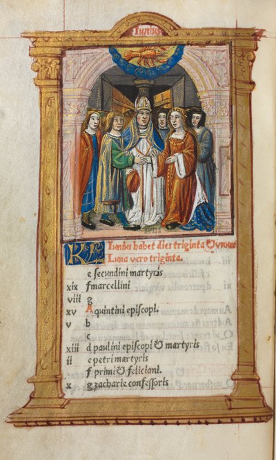 Painettu tuntikirja Rooman käyttö: fol. 7v, kesäkuun kalenterikuva, 1510. tekijältä Guillaume Le Rouge