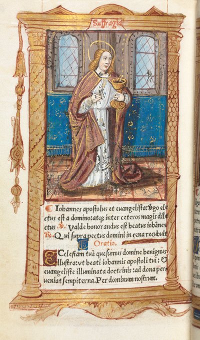 Painettu tuntikirja Rooman käyttö: fol. 98v, evankelista Pyhä Johannes, 1510. tekijältä Guillaume Le Rouge