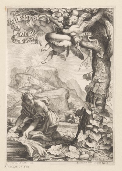 Allegorinen esitys kehutusta naisesta, joka kastelee Calabash-puuta; taustalla hahmot nousevat vuorelle Nimisivu: Giovanni Baptista Ferrari, Fasti Senenses, Ab Academia Intronatorum Editi, 1661 tekijältä Guillaume Vallet
