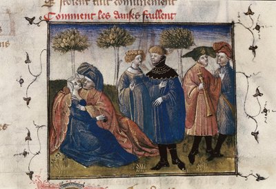 Upea kohtaus hoviherroista, miniatyyri Guillaume Lorrisin "Roman de la Rose" tekijältä Guillaume de Lorris