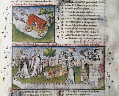 Kuinka Venus saapuu ja hyökkäsi kateuden rakentamaan linnaan, Guillaume Lorrisin pienoismalli käsikirjoituksesta Le Romanesque de la Rose, tekijältä Guillaume de Lorris