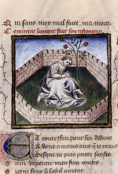 Esitys nuoresta rakastuneesta pojasta herkkujen puutarhassa löytämässä Narcissuksen suihkulähteen, pienoismalli Guillaume Lorrisin "Roman de la Rose" tekijältä Guillaume de Lorris