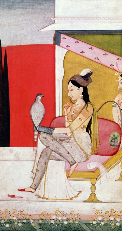 Lady with a Hawk, Pahari Style, Punjab Hills, n.1750 (maalaa paperille) tekijältä Guler School