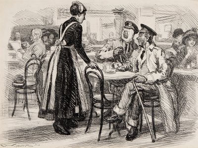 Ensimmäisen maailmansodan sarjakuva, luultavasti Punchille, 1916 (kynä muste paperille) tekijältä Gurnell Charles Jennis