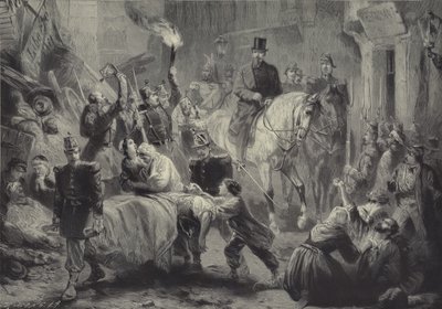 Louis Napoleon vierailee Pariisin barrikadeilla ratsain yöllä 3. joulukuuta 1851 tekijältä Gustav Bartsch