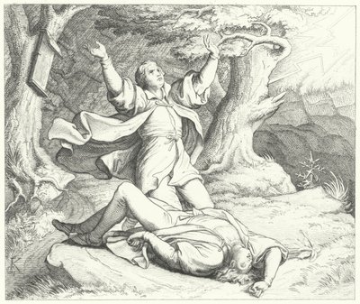 Alexis, Martin Lutherin ystävä, salaman iskettyä häneen heidän matkansa aikana, 1505 tekijältä Gustav Ferdinand Leopold Konig