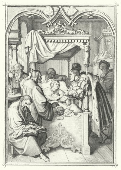 John, Saksin vaaliruhtinas, vierailee Martin Lutherin luona sairaalassa (kaiverrus) tekijältä Gustav Ferdinand Leopold Konig