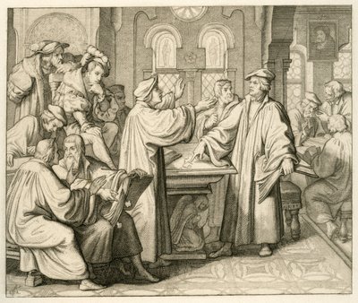Luther ja Ulrich Zwingli (1494-1531) keskustelevat sakramentista, mutta heillä ei ole sopimusta, Marburgissa 1529 tekijältä Gustav Ferdinand Leopold Konig