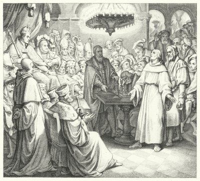 Martin Luther esiintyy keisari Kaarle V:n edessä Wormsin valtiopäivillä (kaiverrus) tekijältä Gustav Ferdinand Leopold Konig