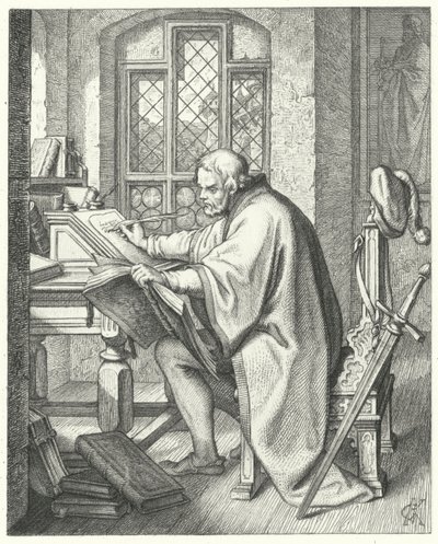 Martin Luther aloittaa Raamatun kääntämisen Wartburgin linnassa (kaiverrus) tekijältä Gustav Ferdinand Leopold Konig