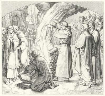 Martti Luther polttaa paavin bullan Wittenbergissä, 1520 tekijältä Gustav Ferdinand Leopold Konig