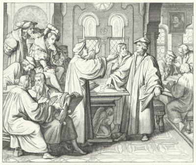 Martin Luther keskustelee sakramentista Huldrych Zwinglin kanssa (kaiverrus) tekijältä Gustav Ferdinand Leopold Konig