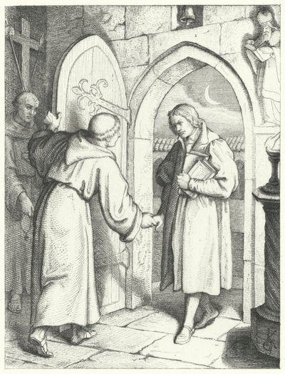Martti Luther astui Pyhän Augustinuksen luostariin Erfurtissa 17. heinäkuuta 1505 tekijältä Gustav Ferdinand Leopold Konig