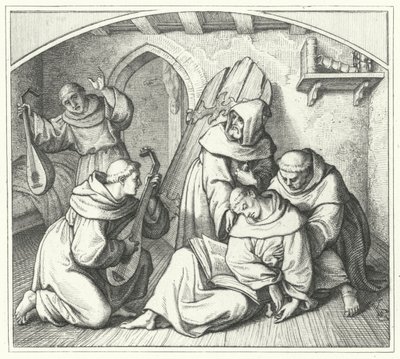 Martin Luther pyörtyy Raamattu kädessään ja hänen ystävänsä tuovat hänet takaisin tajuihinsa (kaiverrus) tekijältä Gustav Ferdinand Leopold Konig