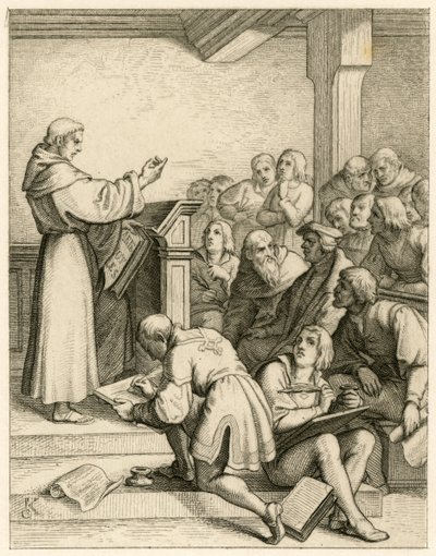 Martin Luther pitää luentoja Wittenbergin yliopistossa, hänen edessään varakansleri tohtori Pollich ja hänen isäystävänsä Johann von Staupitz (1460-1524) tekijältä Gustav Ferdinand Leopold Konig