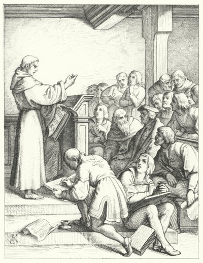Martin Luther filosofian ja teologian luennossa hänen kandidaatin tutkintoonsa (kaiverrus) tekijältä Gustav Ferdinand Leopold Konig