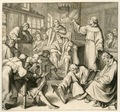 Martin Luther keskustelee Dr. Johannes Eck (Johann Maier von Eck) (1486-1543), Lutherin puolella Philipp Melanchthon (1497-1560) ja Karlstadt (Andreas Rudolf Bodenstein von Karlstadt tekijältä Gustav Ferdinand Leopold Konig