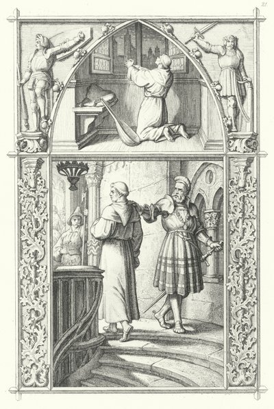 Martin Luther rukouksessa valmistautuessaan Wormsin valtiopäiviin (ylhäällä). Georg von Frundsberg rohkaisee Martin Lutheria (alhaalla) (kaiverrus) tekijältä Gustav Ferdinand Leopold Konig