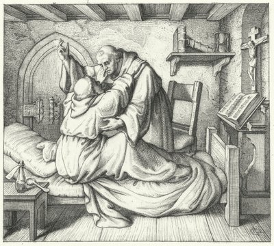 Martti Lutheria lohduttaa eräs munkkitoveri hänen hengellisen piinansa aikana luostarissa (kaiverrus) tekijältä Gustav Ferdinand Leopold Konig