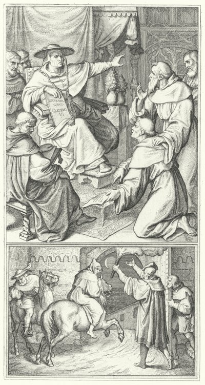 Martin Luther jättää paavin legaatin Wittenbergissä Thomas Cajetanin (ylhäällä). Martin Luther lähtee Augsburgin kaupungista (alhaalla) (kaiverrus) tekijältä Gustav Ferdinand Leopold Konig