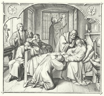 Martti Luther rukoilee Philip Melanchthonin kuolinvuoteella (kaiverrus) tekijältä Gustav Ferdinand Leopold Konig